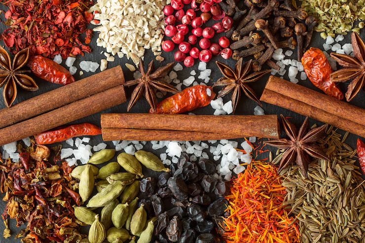 Assorted Indian spices – cumin, turmeric, coriander seeds